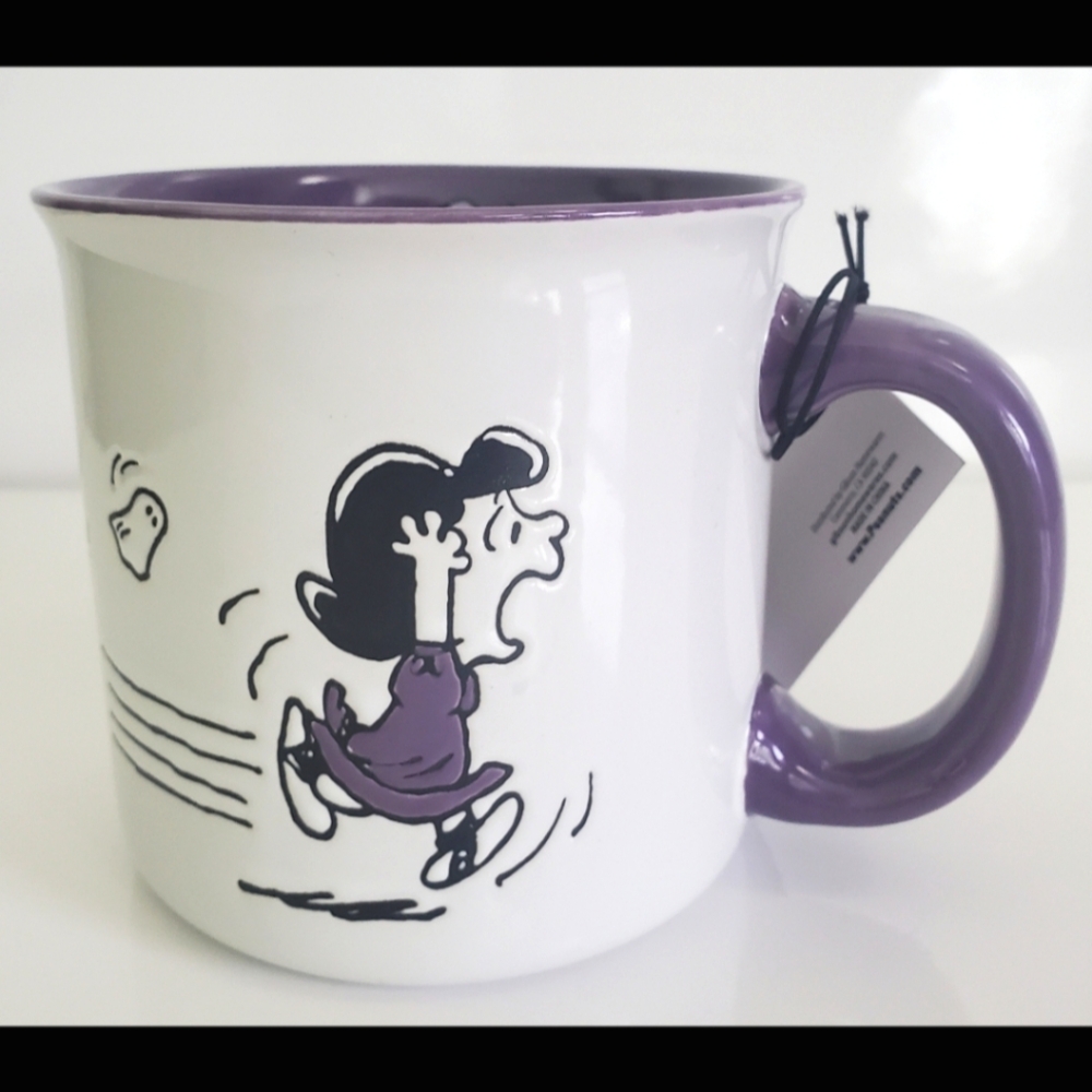 NWT Peanuts Lucy Snoopy Charlie Brown Ghosts Halloween Coffee Mug White Purple